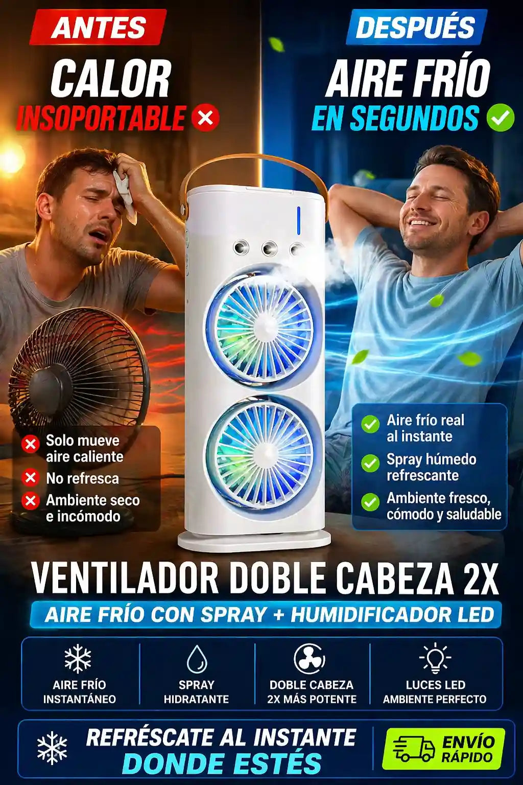 VENTILADOR DOBLE CABEZA 2X – AIRE FRÍO CON SPRAY + HUMIDIFICADOR LED