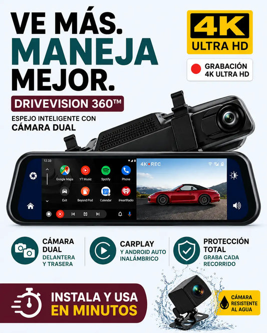 DRIVEVISION 360 | ESPEJO RETROVISOR CON CÁMARA DELANTERA Y TRASERA PARA AUTO