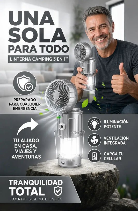 LINTERNA CAMPING 3 EN 1™ 🔥 ILUMINA, REFRESCA Y CARGA TU CELULAR