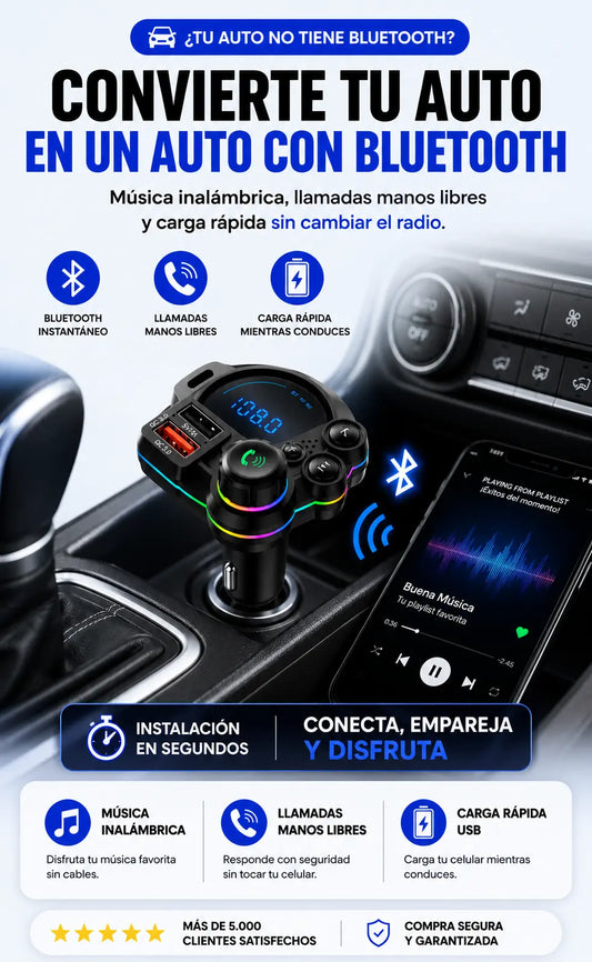TRANSMISOR BLUETOOTH INTELIGENTE PARA AUTO™ - MÚSICA, LLAMADAS Y CARGA RÁPIDA SIN CABLES