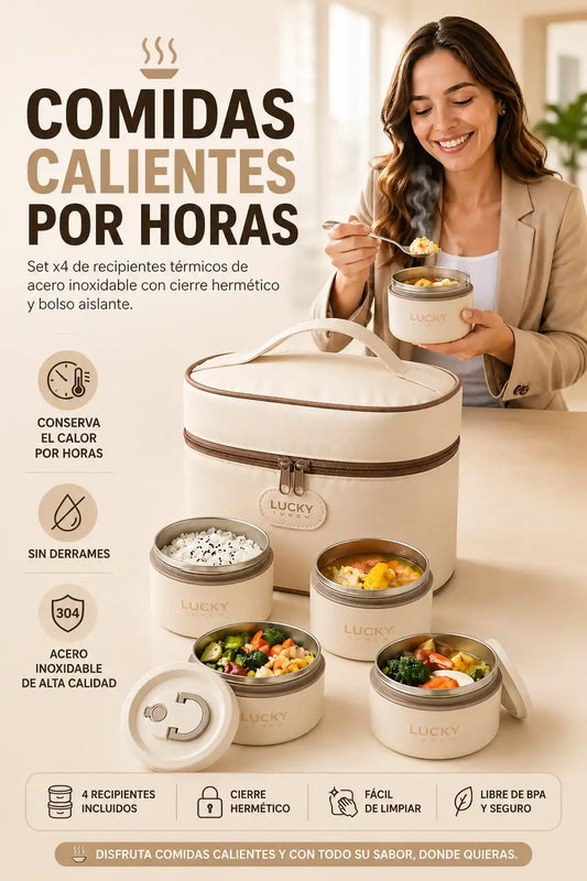 SET X4 LONCHERAS TÉRMICAS DE ACERO INOXIDABLE - CONSERVA EL CALOR Y EL SABOR DE TUS COMIDAS POR HORAS