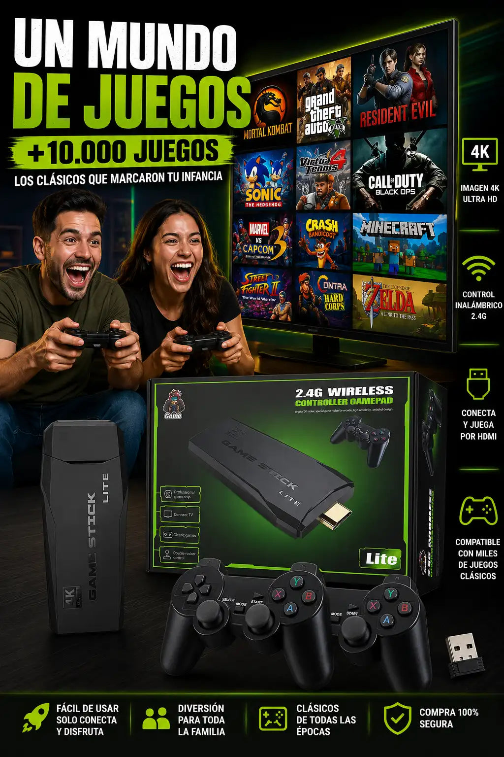 GAME STICK RETRO PRO™ | +10.000 JUEGOS Y 2 MANDOS INALÁMBRICOS