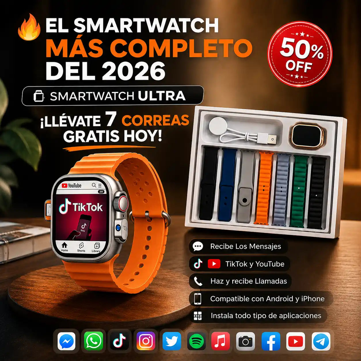 RELOJ INTELIGENTE SMARTWATCH ULTRA CON CÁMARA + CHIP + 7 CORREAS GRATIS 🎁