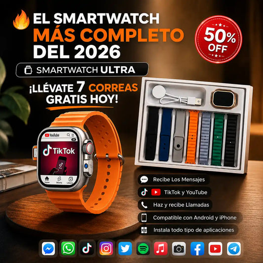 RELOJ INTELIGENTE SMARTWATCH ULTRA CON CÁMARA + CHIP + 7 CORREAS GRATIS 🎁