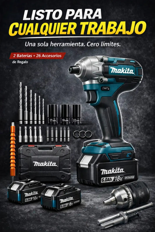KIT PISTOLA DE IMPACTO INALÁMBRICA MAKITA + 2 BATERÍAS Y 26 ACCESORIOS DE REGALO🎁